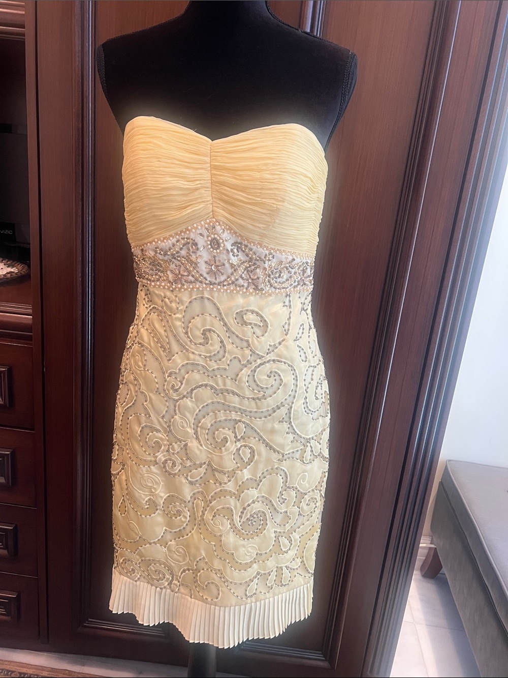 Sue Wong Strapless Beaded Cream and Gold Cocktail Dress